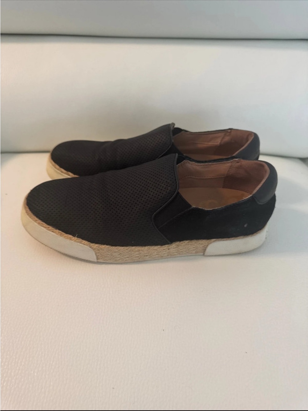 SAM EDELMAN BLACK SLIP-ON PERFORATED ESPADRILLE LOAFERS